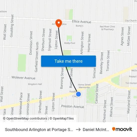 Southbound Arlington at Portage South to Daniel McIntyre map