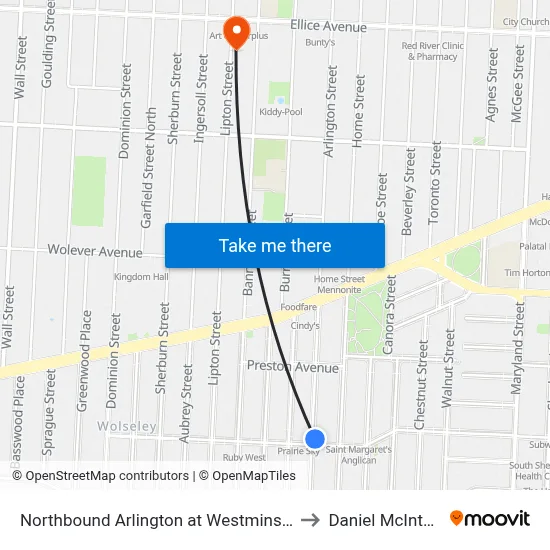 Northbound Arlington at Westminster to Daniel McIntyre map