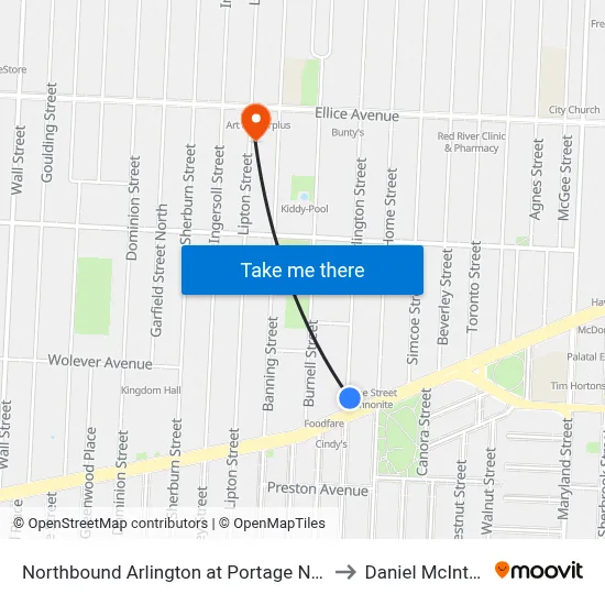 Northbound Arlington at Portage North to Daniel McIntyre map
