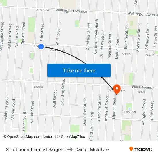 Southbound Erin at Sargent to Daniel McIntyre map