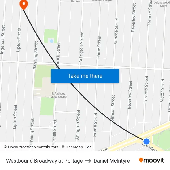 Westbound Broadway at Portage to Daniel McIntyre map