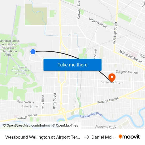 Westbound Wellington at Airport Terminal (D13) to Daniel McIntyre map