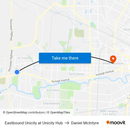 Eastbound Unicity at Unicity Hub to Daniel McIntyre map