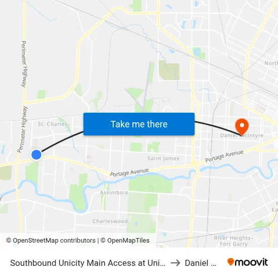 Southbound Unicity Main Access at Unicity Hub (220, 223, 885) to Daniel McIntyre map