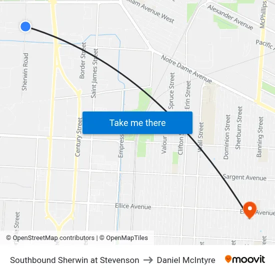 Southbound Sherwin at Stevenson to Daniel McIntyre map