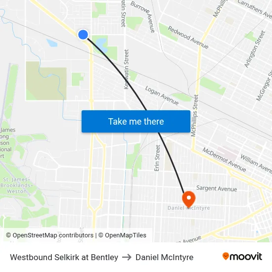 Westbound Selkirk at Bentley to Daniel McIntyre map