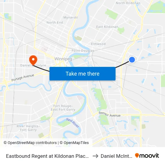 Eastbound Regent at Kildonan Place Hub to Daniel McIntyre map