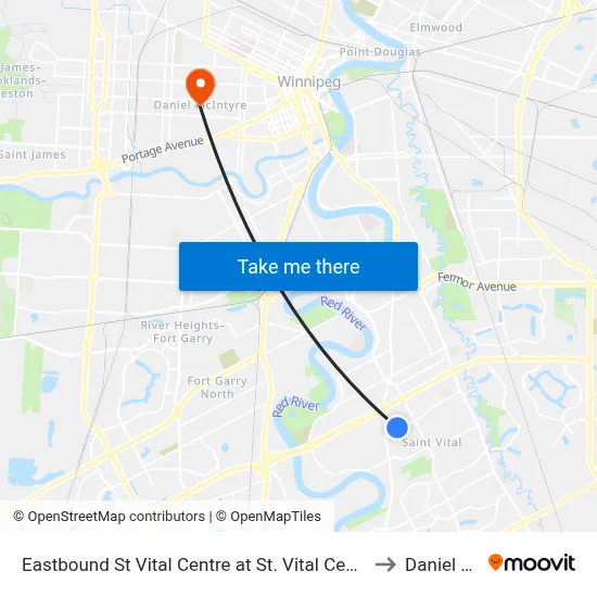 Eastbound St Vital Centre at St. Vital Centre Hub (552 To South St. Vital) to Daniel McIntyre map