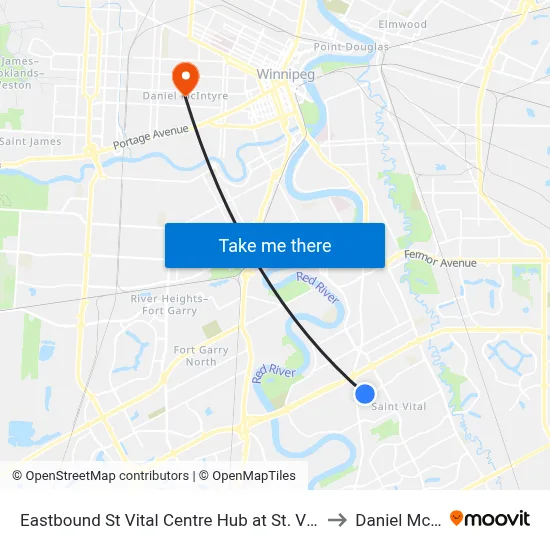 Eastbound St Vital Centre Hub at St. Vital Centre (Fx2) to Daniel McIntyre map