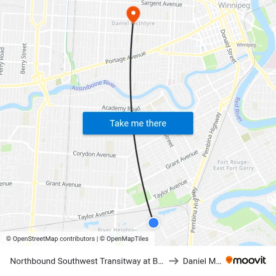 Northbound Southwest Transitway at Beaumont Station (D11) to Daniel McIntyre map