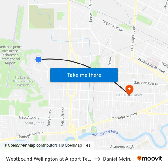 Westbound Wellington at Airport Terminal to Daniel McIntyre map