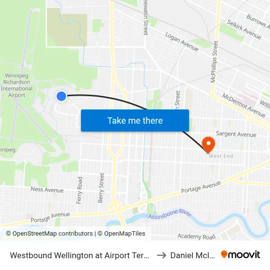Westbound Wellington at Airport Terminal (D13) to Daniel McIntyre map