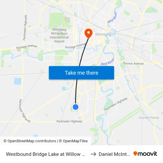Westbound Bridge Lake at Willow Creek to Daniel McIntyre map