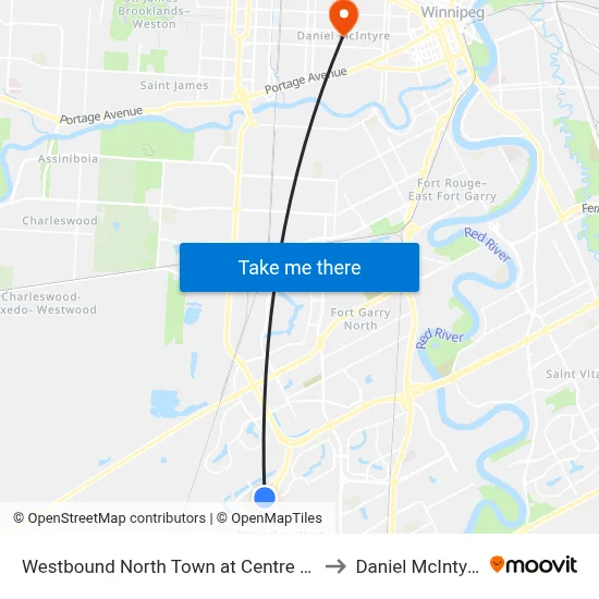 Westbound North Town at Centre St. to Daniel McIntyre map