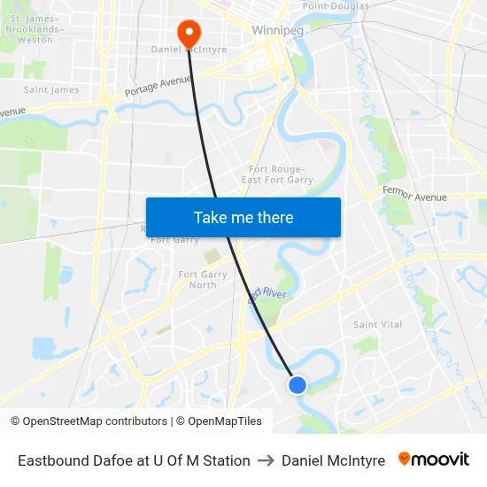 Eastbound Dafoe at U Of M Station to Daniel McIntyre map