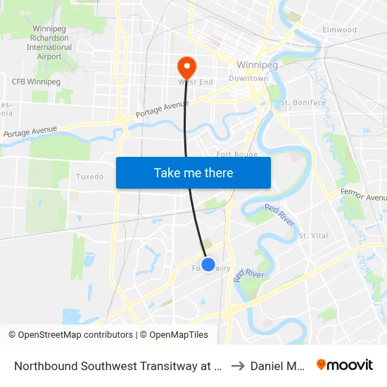 Northbound Southwest Transitway at Clarence Station to Daniel McIntyre map