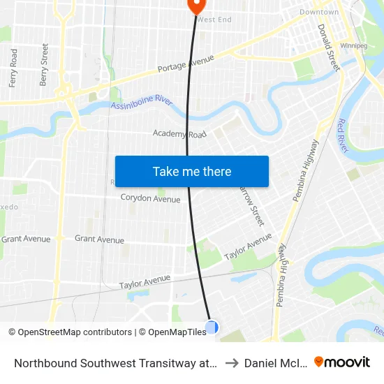 Northbound Southwest Transitway at Seel Station to Daniel McIntyre map