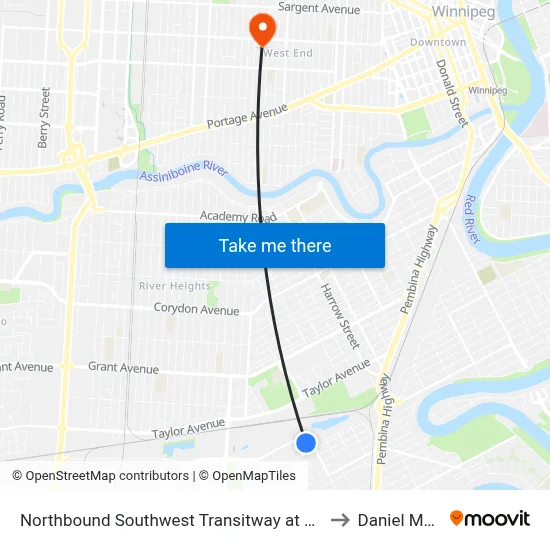 Northbound Southwest Transitway at Beaumont Station to Daniel McIntyre map
