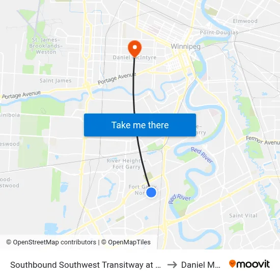 Southbound Southwest Transitway at Clarence Station to Daniel McIntyre map