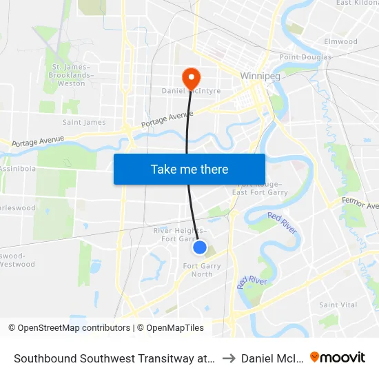 Southbound Southwest Transitway at Seel Station to Daniel McIntyre map