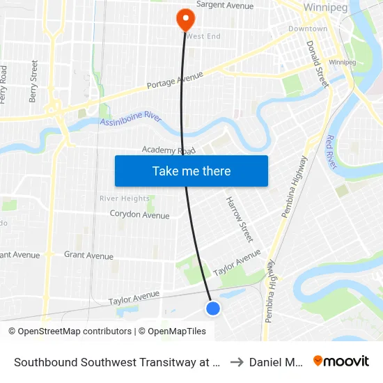 Southbound Southwest Transitway at Beaumont Station to Daniel McIntyre map