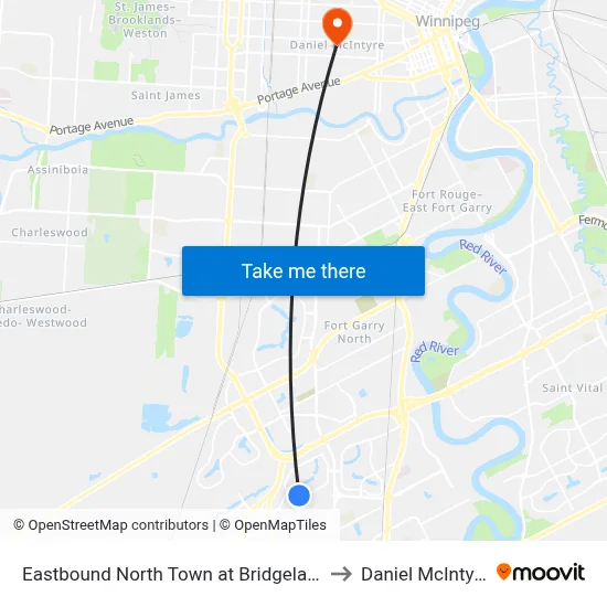 Eastbound North Town at Bridgeland to Daniel McIntyre map