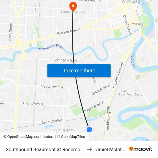 Southbound Beaumont at Rosemount to Daniel McIntyre map