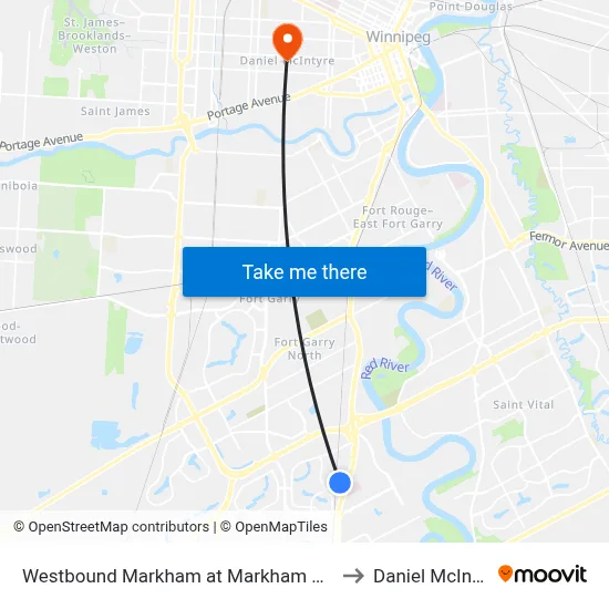 Westbound Markham at Markham Station to Daniel McIntyre map