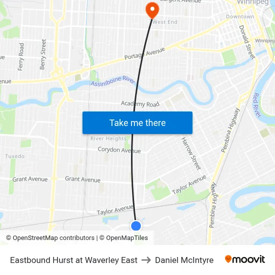 Eastbound Hurst at Waverley East to Daniel McIntyre map