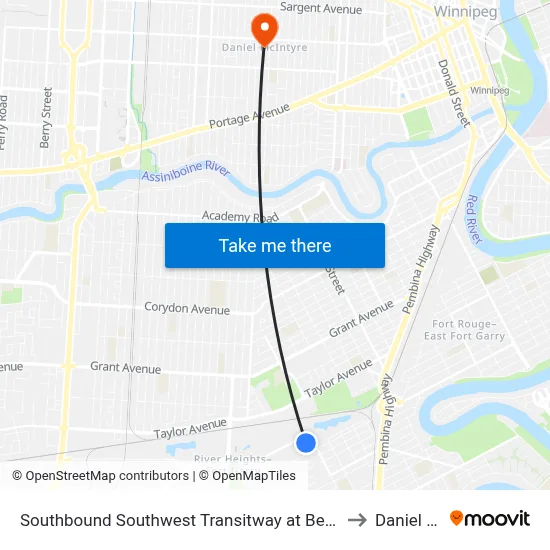 Southbound Southwest Transitway at Beaumont Station (Routes 641, 677) to Daniel McIntyre map