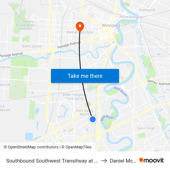 Southbound Southwest Transitway at Chevrier Station to Daniel McIntyre map