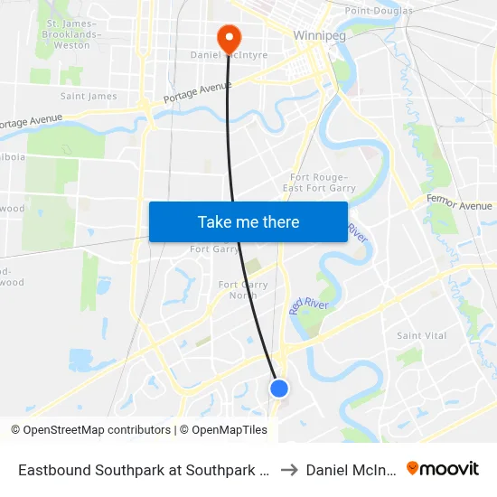 Eastbound Southpark at Southpark Station to Daniel McIntyre map