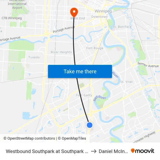 Westbound Southpark at Southpark Station to Daniel McIntyre map