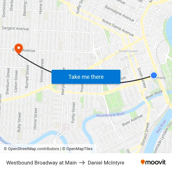Westbound Broadway at Main to Daniel McIntyre map