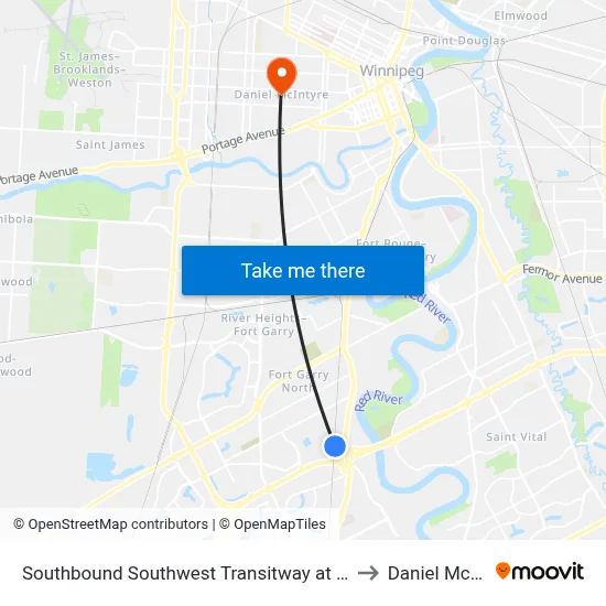 Southbound Southwest Transitway at Plaza Station to Daniel McIntyre map