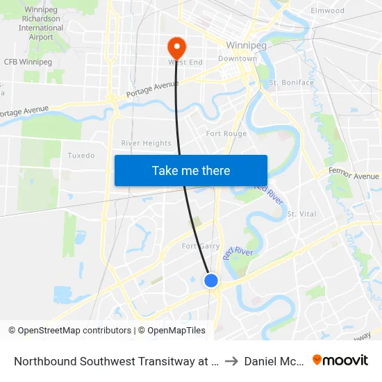 Northbound Southwest Transitway at Plaza Station to Daniel McIntyre map