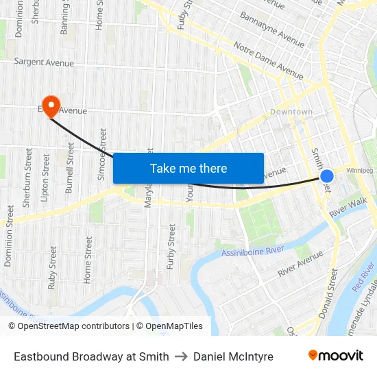 Eastbound Broadway at Smith to Daniel McIntyre map