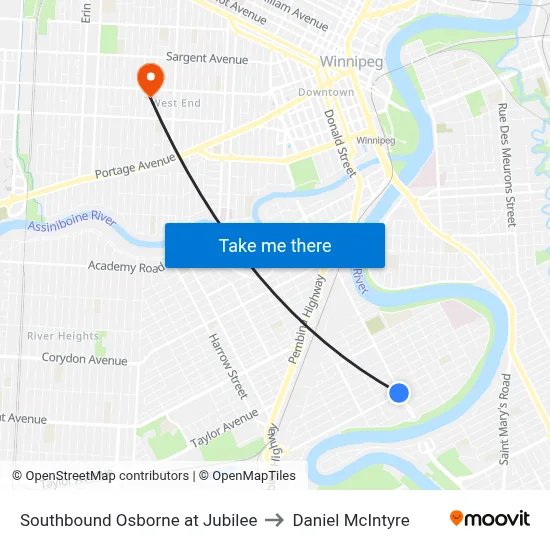Southbound Osborne at Jubilee to Daniel McIntyre map