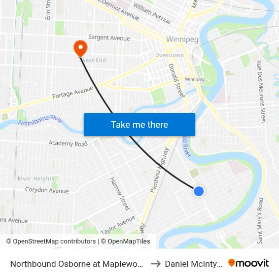 Northbound Osborne at Maplewood to Daniel McIntyre map