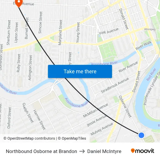 Northbound Osborne at Brandon to Daniel McIntyre map