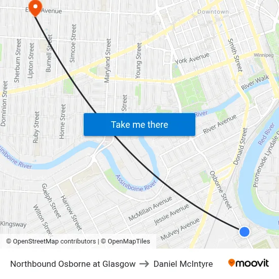 Northbound Osborne at Glasgow to Daniel McIntyre map