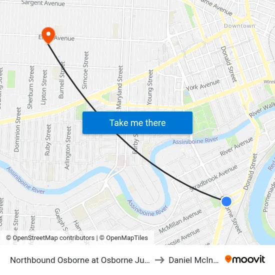 Northbound Osborne at Osborne Junction to Daniel McIntyre map