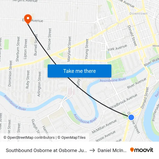 Southbound Osborne at Osborne Junction to Daniel McIntyre map