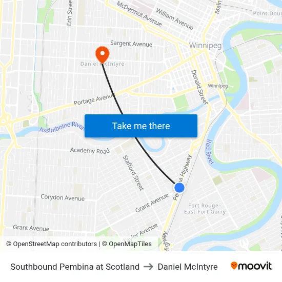 Southbound Pembina at Scotland to Daniel McIntyre map