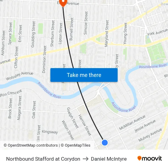 Northbound Stafford at Corydon to Daniel McIntyre map