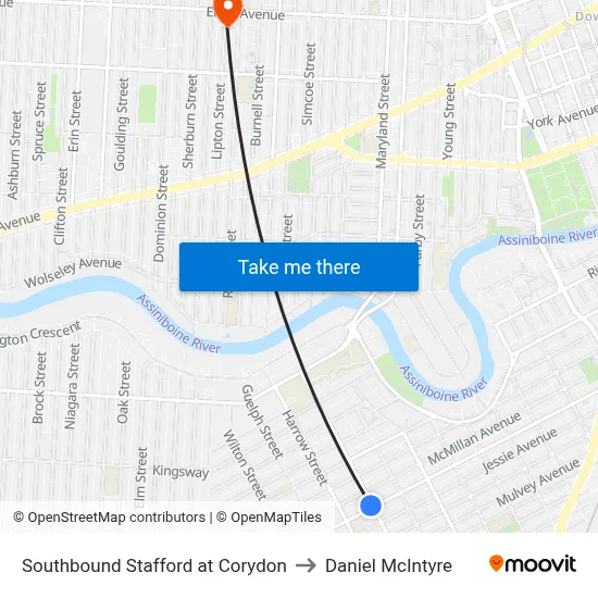 Southbound Stafford at Corydon to Daniel McIntyre map