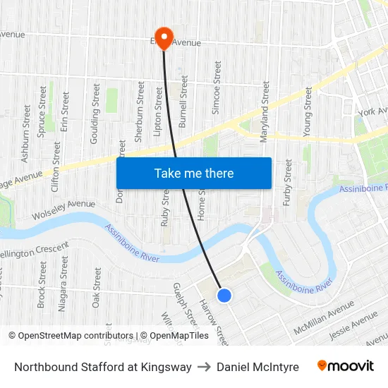 Northbound Stafford at Kingsway to Daniel McIntyre map