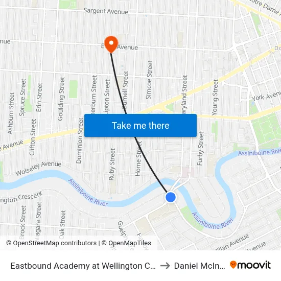 Eastbound Academy at Wellington Crescent to Daniel McIntyre map
