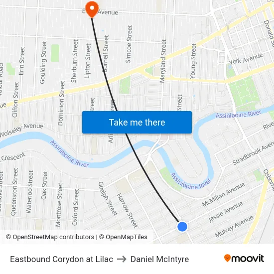 Eastbound Corydon at Lilac to Daniel McIntyre map