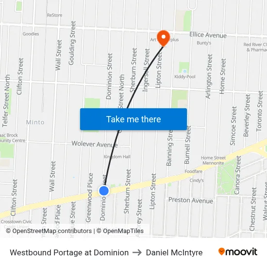Westbound Portage at Dominion to Daniel McIntyre map